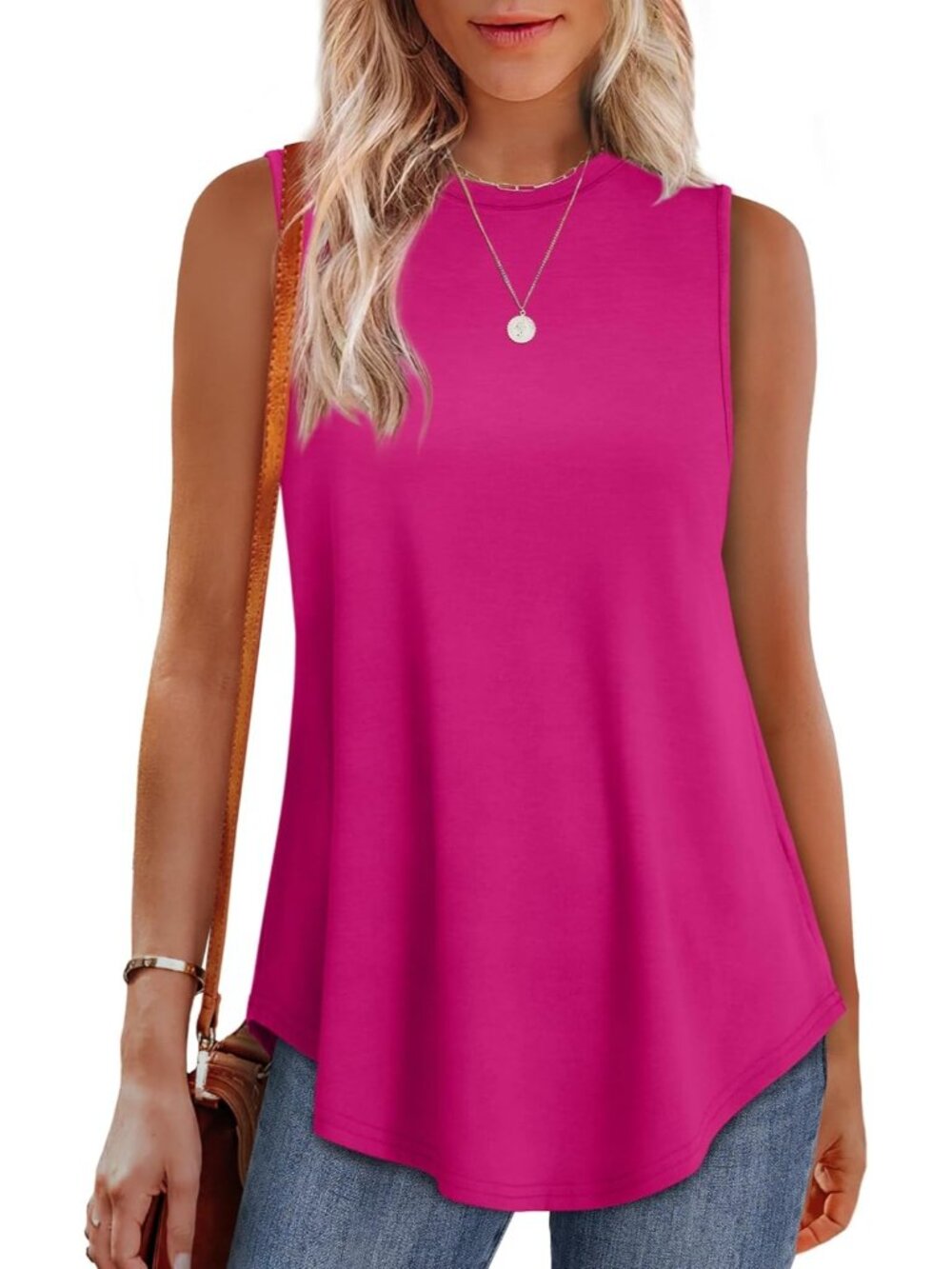 Women's Pink High Neck Tank Loose Fit Sleeveless Casual Wear Summer Tunic Tops